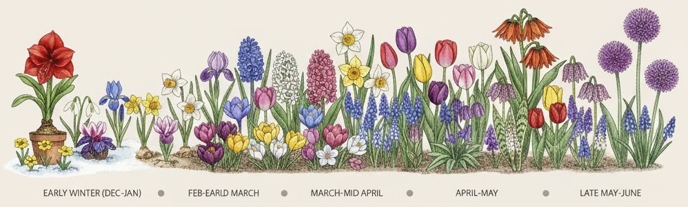 Bulbs. Shows the month of flowering, plant outdoors now for sufficient cold  (Oct/Nov/Dec).  Exception is the Amaryllis, which is indoors & tropical